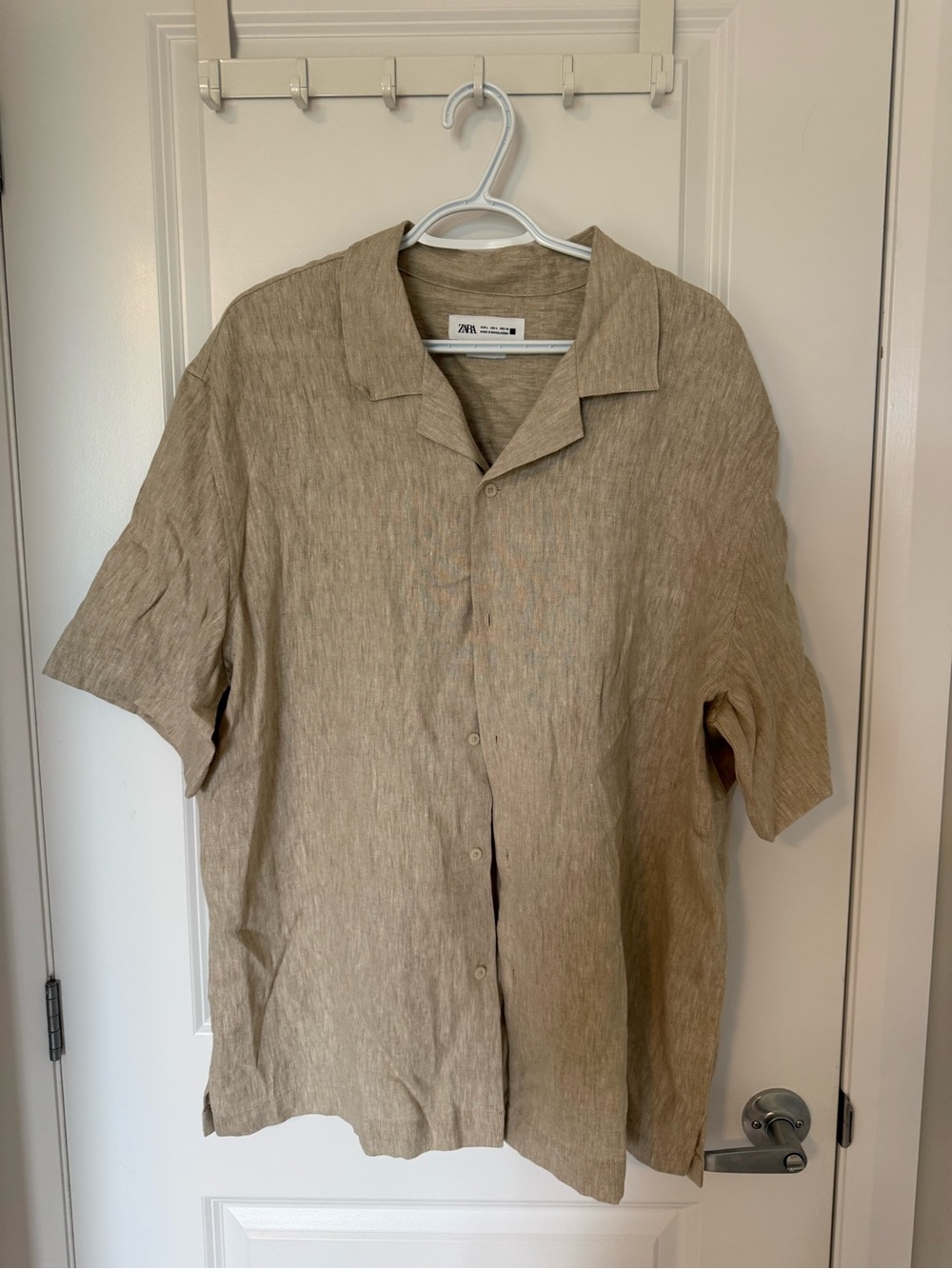 Zara Men’s Short-Sleeve Tan Button-Down Camp Collar Shirt